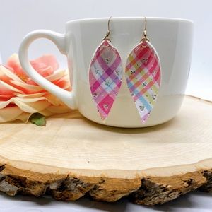 Pink Plaid w/ Sparkle Hearts Drop Earrings